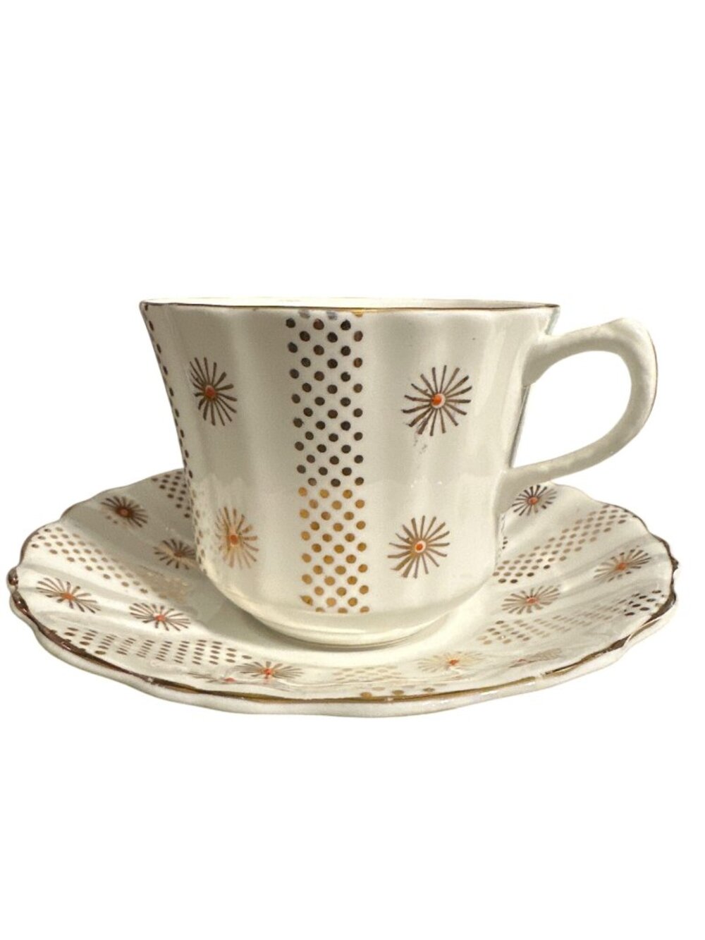 Aylesbury Bone China Tea Cup & Saucer Set Made In England With Gold Starburst &